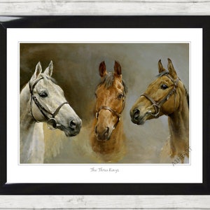 May include: A painting of three horses' heads, each with a different colored coat. The horse on the left is white, the horse in the middle is brown, and the horse on the right is a light brown. The horses are all wearing bridles and are looking in different directions. The painting is titled "The Three Kings."