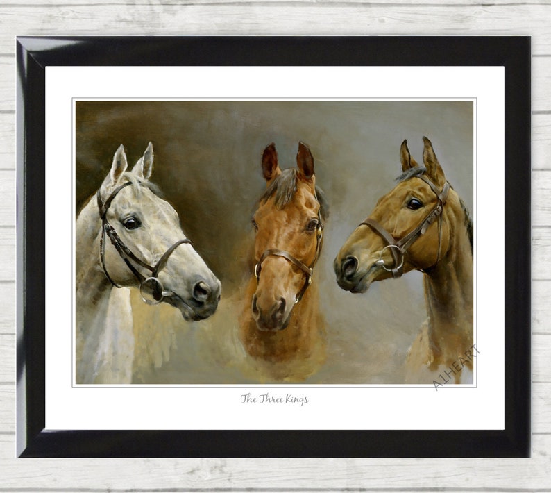 May include: A painting of three horses' heads, each with a different colored coat. The horse on the left is white, the horse in the middle is brown, and the horse on the right is a light brown. The horses are all wearing bridles and are looking in different directions. The painting is titled "The Three Kings."