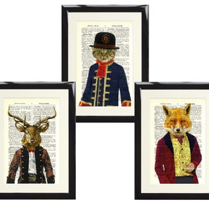 Set of 3 ART PRINTS ON ANTIQUE BOOK PAGES Wall Decor Special