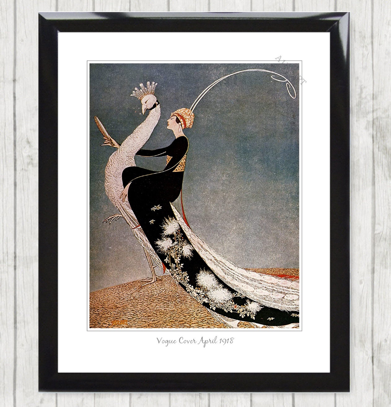 Vintage Vogue Cover April 1918 Poster Art Print. Peacock Lady Hat