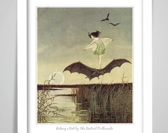 Fairy Riding Bat Art Print by Ida Rentoul Outhwaite, Witchcraft Poster