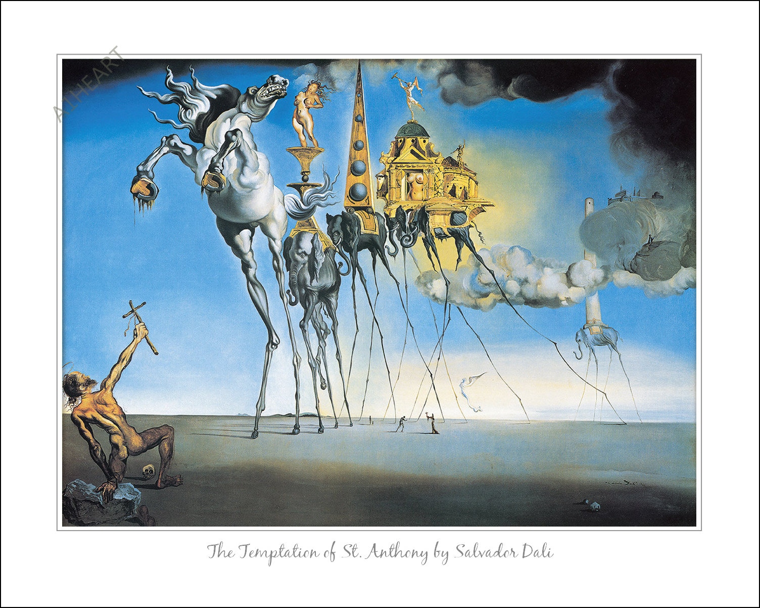 La tentación de San Antonio por Salvador Dalí Print Poster. Pechos de mujer  desnuda. Animales patas largas. Sosteniendo una cruz. Abstracto surrealista  555 - Etsy España