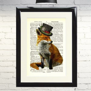 Dictionary Art Print Steampunk Fox In Top Hat Framed Vintage Poster Picture Handmade Original Artwork Book Page Home Decor
