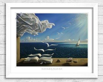 Book to Birds by Salvador Dali Print Poster. Art Artist. Looking at sea and beach out window . Optical Illusion. Surrealist Abstract 306