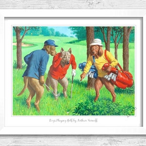Dogs Playing Golf by Arthur Sarnoff artist poster print. Framed Dog Lover Gift Present. Ready to hang on wall. Poodle, Corgi, Boxer, Pugs 09
