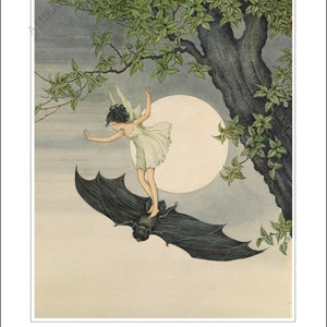 Art Print Full Moon by Ida Rentoul Outhwaite. Winged Fairy flying on a Bat. Supernatural mysticism Occult Magic Pagan Spellcraft 349 image 3