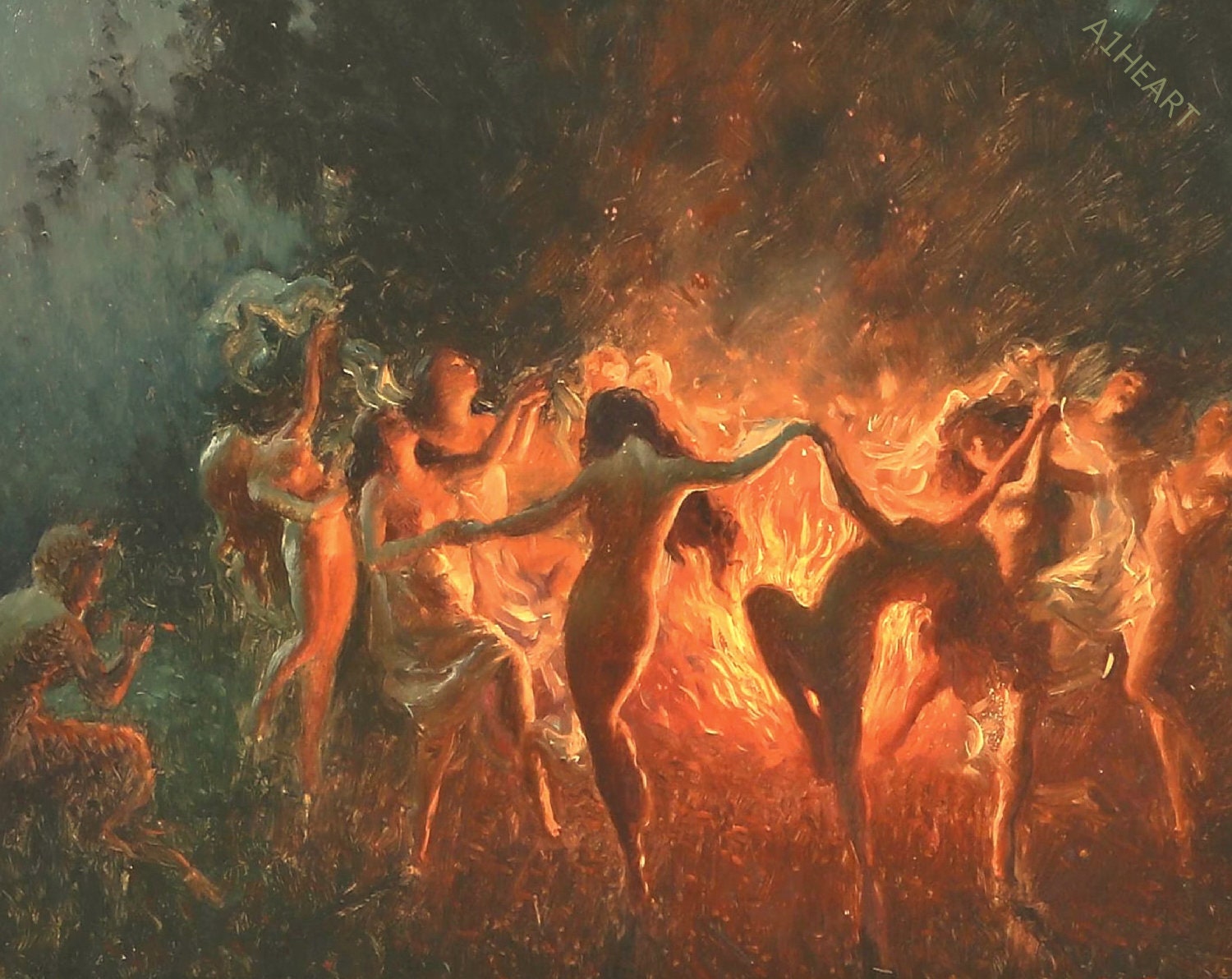 Witches dancing around a fire