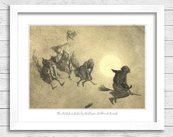 Art Poster print The Witches Ride by William Holbrook Beard. Bat and Full Moon Witch Flying on a Broom Black Cat . Devil Occult Wiccan. 481