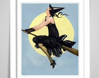 Witch on a Broom at Harvest Moon Art Poster print. Full Moon Witch Flying on a Broom Black Cat. Devil Occult Wiccan Magic Horror Gift. 532