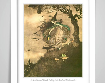 Art Print A Witch and Black Cat by Ida Outhwaite. Witchcraft Poster Occult Magic Broom Bats Frogs Castle Pagan Spellcraft 331