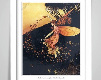 Autumn Fairy by Ida Outhwaite poster print. Cute Sweet Fairies Wings Moon. Occult Magic Pagan. Kids Girls Bedroom Room 631