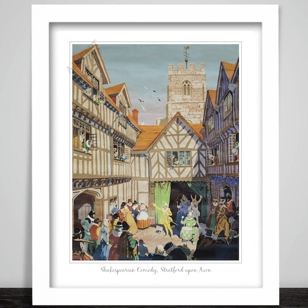 Framed Art Print Vintage Shakespearian Comedy, Stratford upon Avon. Shakespeare Play Theatre Holiday Advert High Res Poster Home Gift 467