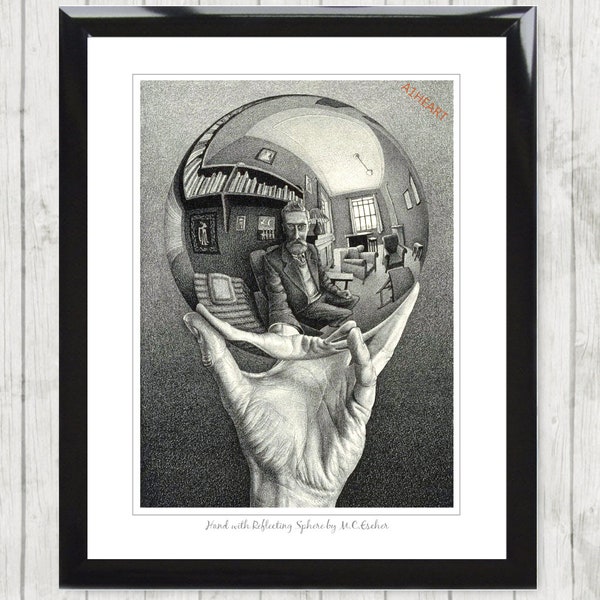 Reflecting Sphere by M.C. Escher Poster Print. Man and woman Optical Illusion. Dutch illustrator. Amazing image that fools your brain. 119