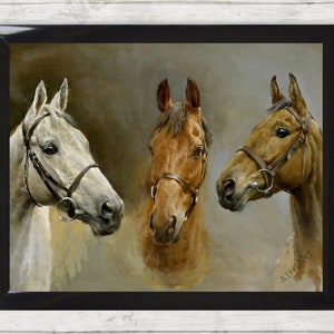 May include: A painting of three horses' heads. The horse on the left is white, the horse in the middle is brown, and the horse on the right is a light brown color. All three horses are wearing bridles.
