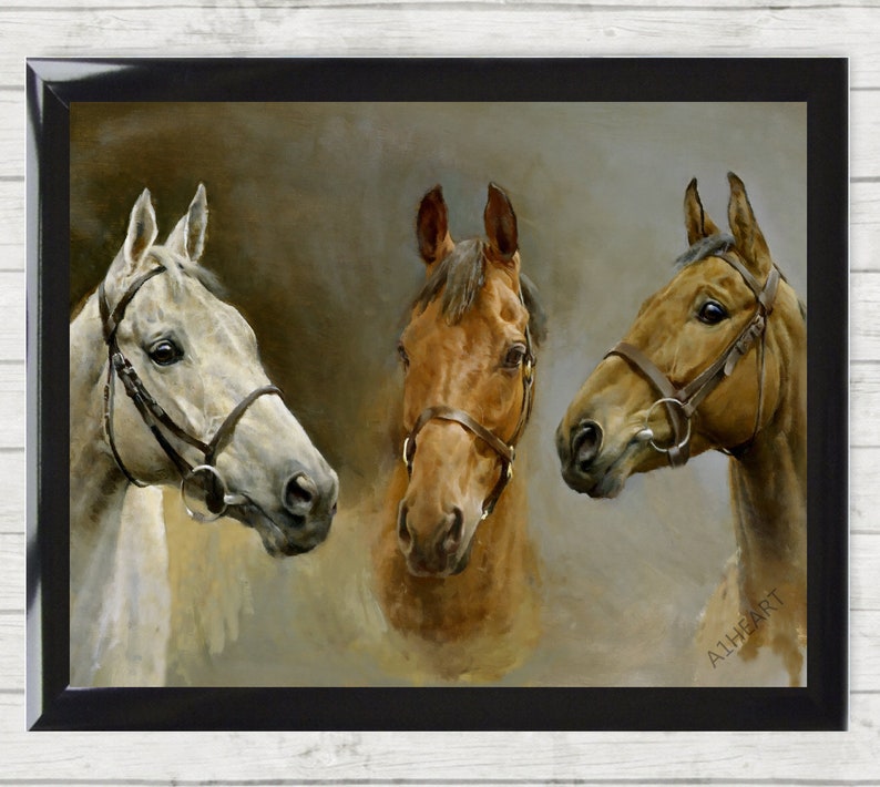 May include: A painting of three horses' heads. The horse on the left is white, the horse in the middle is brown, and the horse on the right is a light brown color. All three horses are wearing bridles.