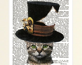 Vintage Cat Steampunk Original Dictionary Art Print Picture Cute Top Hat Book #1 