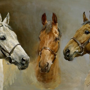 May include: A painting of three horses' heads, each with a brown leather bridle. The horses are facing different directions, with the white horse on the left, the brown horse in the center, and the chestnut horse on the right.