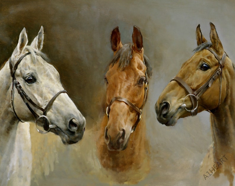 May include: A painting of three horses' heads, each with a brown leather bridle. The horses are facing different directions, with the white horse on the left, the brown horse in the center, and the chestnut horse on the right.