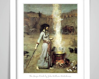 The Magic Circle by John William Waterhouse poster print.  Occult Gothic Witch Wiccan Magician Sorceress painting Wall Art. Pre-Raphaelite