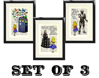 Set of 3 Alice in Wonderland Doctor Who Tardis Cyberman Davros Antique Dictionary Page Art Print Picture Wall Decor Gift