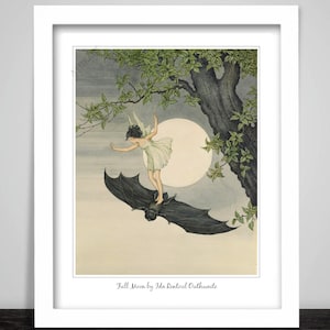 Art Print Full Moon by Ida Rentoul Outhwaite. Winged Fairy flying on a Bat. Supernatural mysticism Occult Magic Pagan Spellcraft 349 image 1