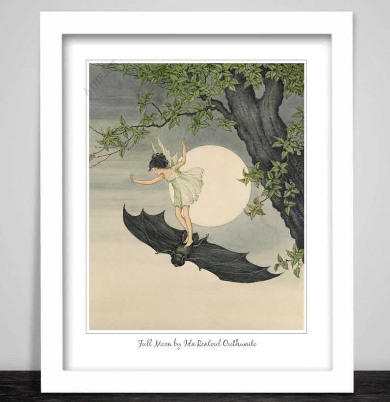 Art Print Full Moon by Ida Rentoul Outhwaite. Winged Fairy flying on a Bat. Supernatural mysticism Occult Magic Pagan Spellcraft 349 image 1