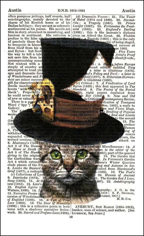 Steampunk Cat Kitten Print Vintage Dictionary Page Wall Art Picture Animal Hat 