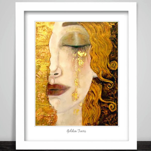 Golden Tears by Gustav Klimt, Framed Mixed Media painting. Loss of a Loved One. The beautiful lady with red hair. Classic Art Print. 197