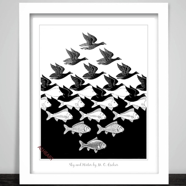 Sky and Water by M.C. Escher Poster Print. Birds and Fish Optical Illusion. Dutch illustrator. Amazing image that fools your brain. 464