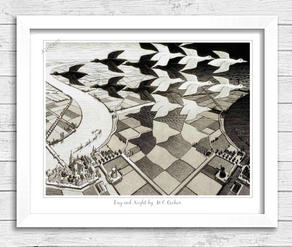Day and Night by M.C. Escher Poster Print. Birds Over Village and