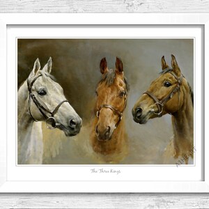 May include: A painting of three horses' heads, each with a different colored coat: white, brown, and chestnut. The horses are wearing bridles and are looking in different directions. The painting is titled "The Three Kings".