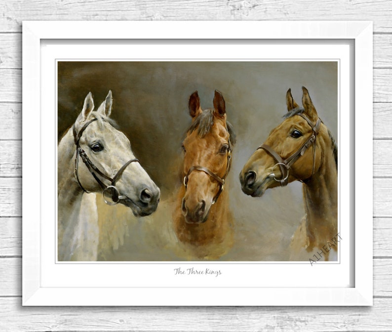 May include: A painting of three horses' heads, each with a different colored coat: white, brown, and chestnut. The horses are wearing bridles and are looking in different directions. The painting is titled "The Three Kings".