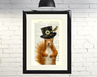 Dictionary Art Print Steampunk Squirrel in a Top Hat Framed Vintage Poster Picture Handmade Original Artwork Book Page Home Decor Gift