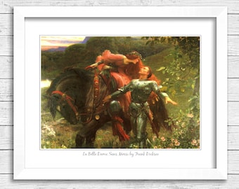 May include: A painting of a knight and a woman on a horse in a forest setting. The woman is wearing a red dress and a crown of flowers. The knight is wearing armor and holding a sword. The painting is titled "La Belle Dame Sans Merci" by Frank Dicksee.