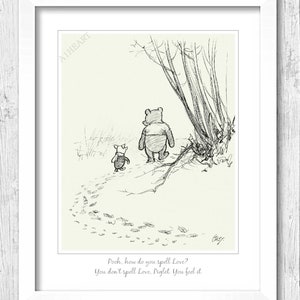 Winnie l’ourson et piglet imprimer affiche pour les enfants, les enfants, Comment épelez-vous l’amour, Nursery Art Eeyore, Kanga, Roo . Signe mural encadré. 358