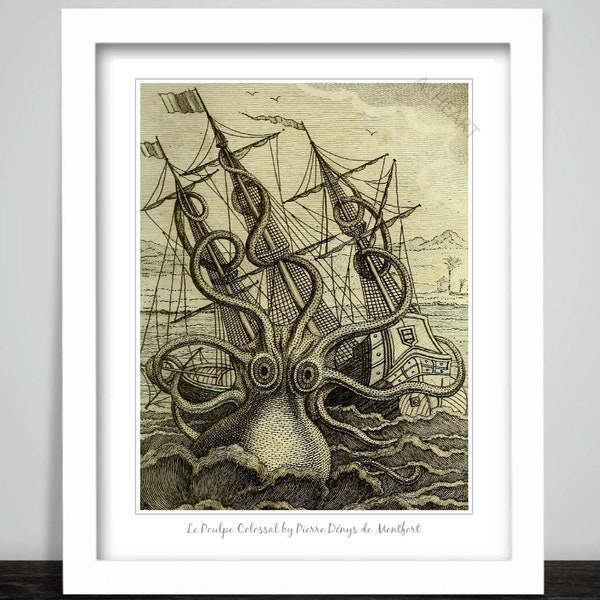 Kraken Octopus Sea Monster Poster print. Le Poulpe Colossal by Pierre Dénys de Montfort. Attacked French Sailors Norse Legends Horror 581