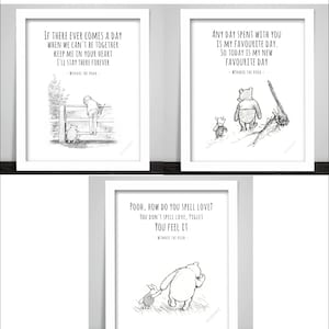Set of 3 Winnie the Pooh and Tigger Print Posters,  Piglet, Eeyore, Kanga, Roo, Framed Nursery Wall Art. For Boys, Girls 145