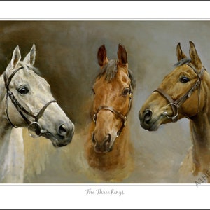 May include: A painting of three horses' heads, each with a different coat color: white, brown, and chestnut. The horses are wearing bridles and are looking in different directions. The painting is titled "The Three Kings".