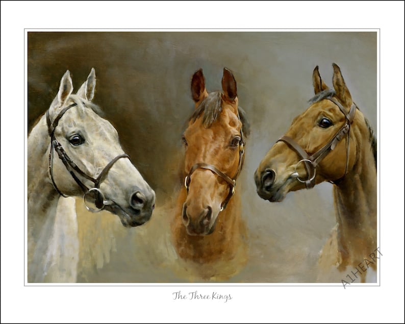 May include: A painting of three horses' heads, each with a different coat color: white, brown, and chestnut. The horses are wearing bridles and are looking in different directions. The painting is titled "The Three Kings".