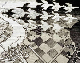 Day and Night by M.C. Escher Poster Print. Birds Over Village and