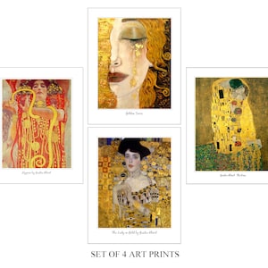 Set of 4 Gustav Klimt Poster Prints. Hygieia. Loss of a Loved One. The Kiss. The beautiful lady with red hair. Golden Tears.   215