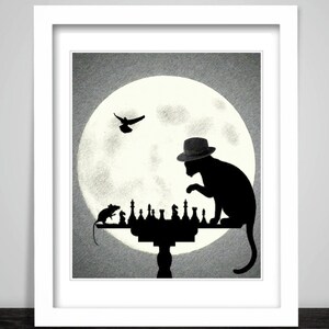 The Cat Chess Master print poster. Present Xmas Gift For a Cat Lover, Feline Black Cat with Hat, Mouse, Under a Full Moon, Game, Framed. 256