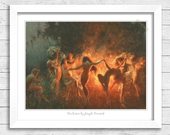 Fire Dance by Joseph Tomanek Poster Art Picture Print. witches magic, witch painting, wood nymphs dancing round the blaze. wiccan decor 224