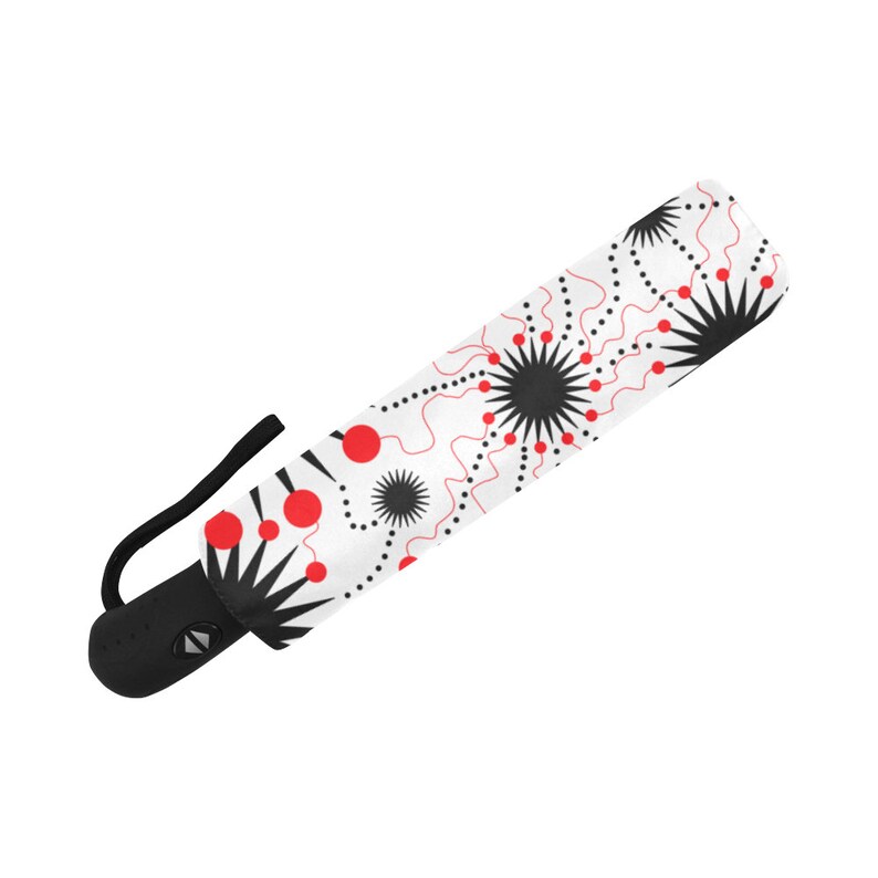 Peronalization Option Auto Open /& Close Automatic Rain Umbrella with black star burst electrical pop design with red dots and curvy lines
