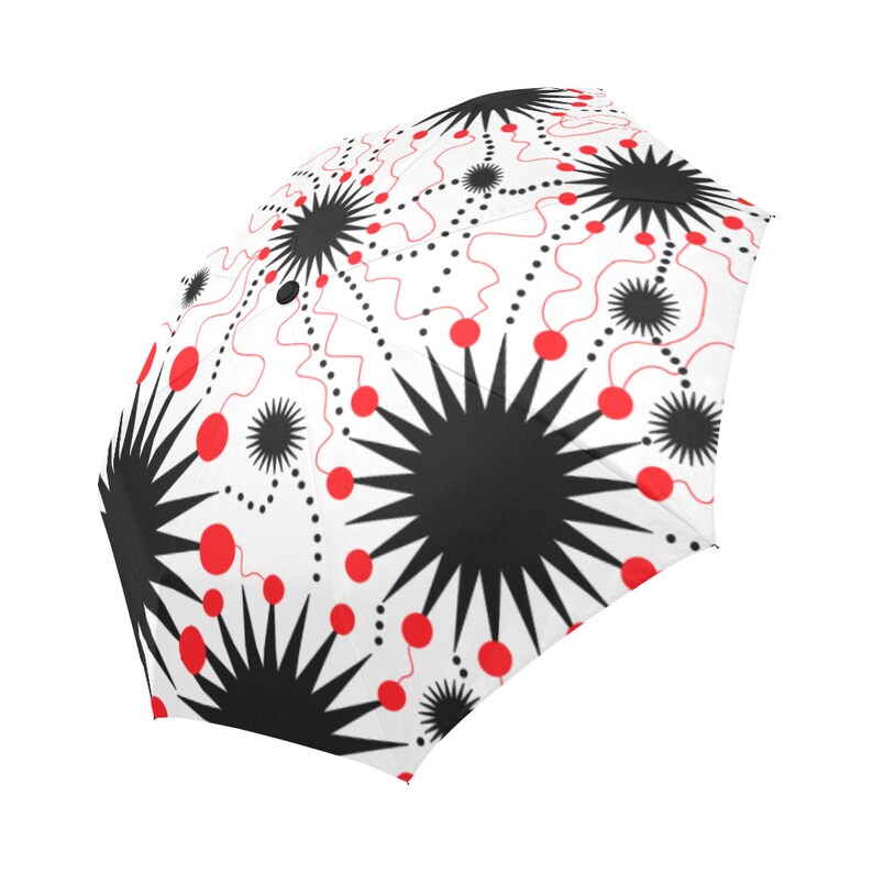 Peronalization Option Auto Open /& Close Automatic Rain Umbrella with black star burst electrical pop design with red dots and curvy lines