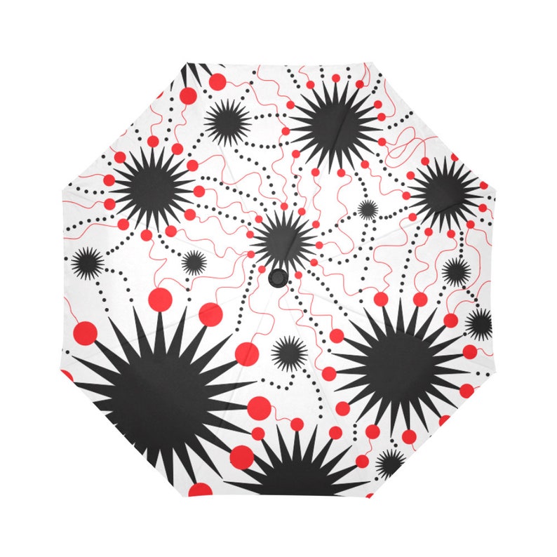 Peronalization Option Auto Open /& Close Automatic Rain Umbrella with black star burst electrical pop design with red dots and curvy lines