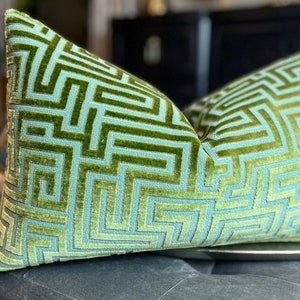 Agave Greek Key Velvet Green Throw Pillow Cover, Decorative Velvet Lumbar Pillow, Housewares Decor, Home Living, Pillow Decor, Couch Pillows