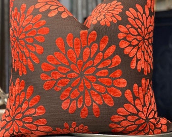 Orange Brown Retro Floral Chenille Pillow Cover, Decorative Orange Throw Pillow Cover, Housewares Decor, Home Living