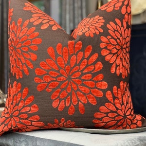 Orange Brown Retro Floral Chenille Pillow Cover, Decorative Orange Throw Pillow Cover, Housewares Decor, Home Living