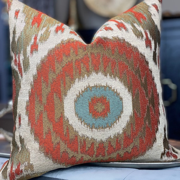 Bullseye Medallion Throw Pillow Cover, Rust Decorative Pillow, Aqua Pillow, Home Decor, Home Living